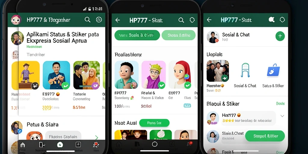 Antarmuka HP777 menampilkan berbagai stiker dan status yang menarik.